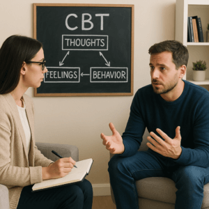 Client and Therapist discussing CBT (Chart in the background)